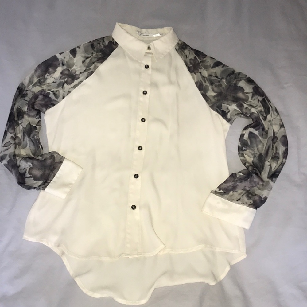 Blu Pepper Button Blouse with Floral Sleeves